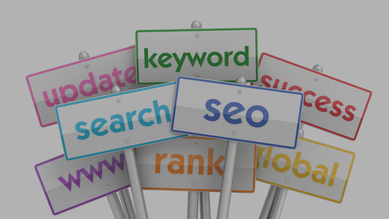 Animation of post signs with words 'seo', 'keyword', 'rank', 'update', 'global' on them.