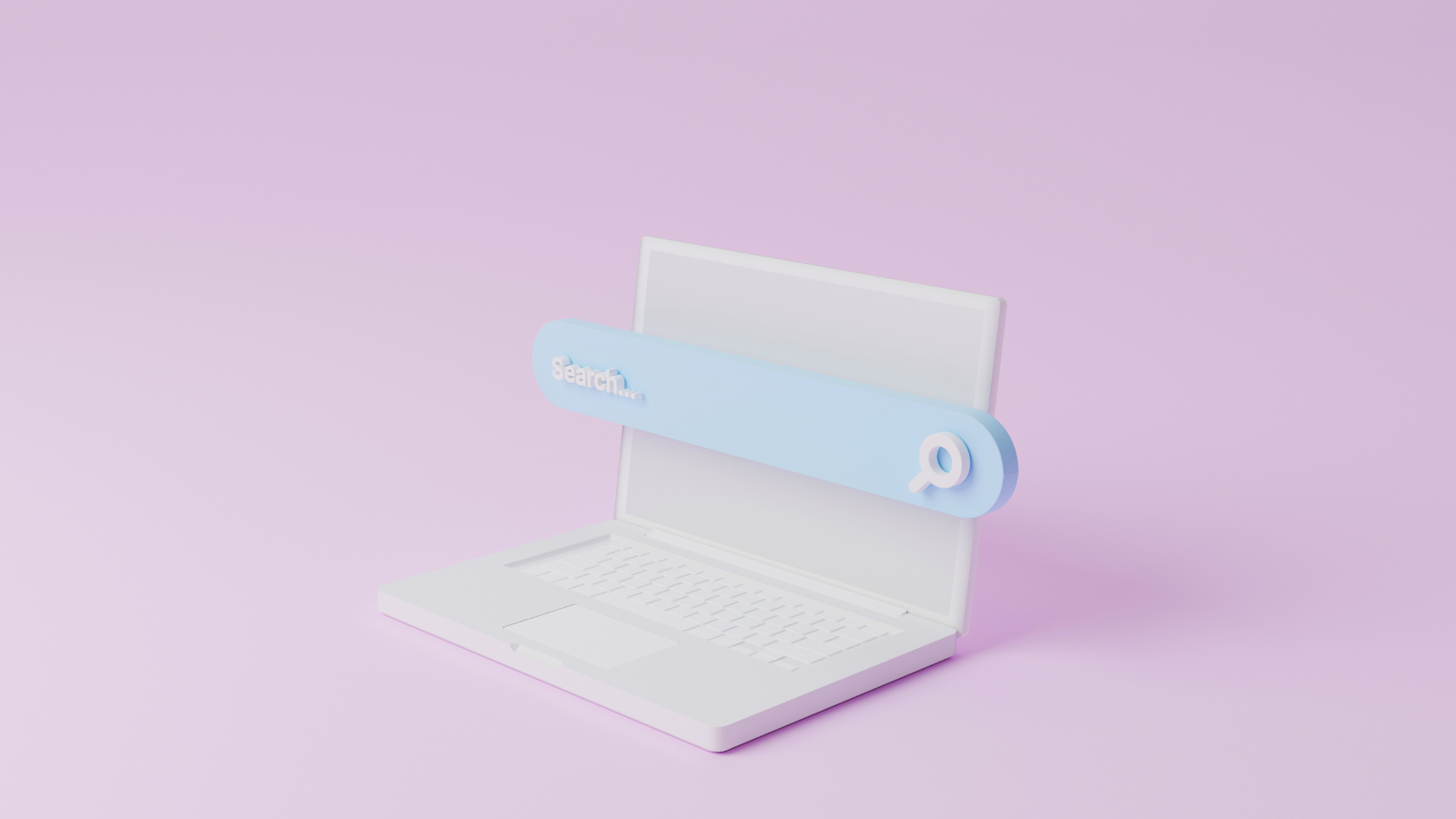 Laptop against a pink background with a search bar projected.