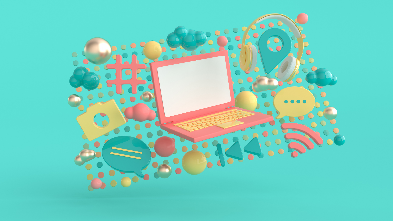 Graphic of a laptop surrounded by various digital signs such as wifi, hashtag, camera and headphones.