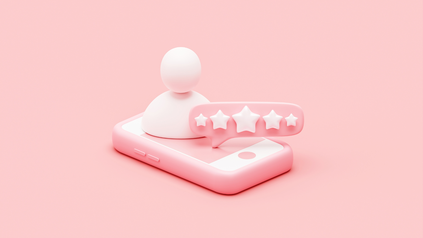 Pink animation of a mobile phone with a person and star rating popping out.