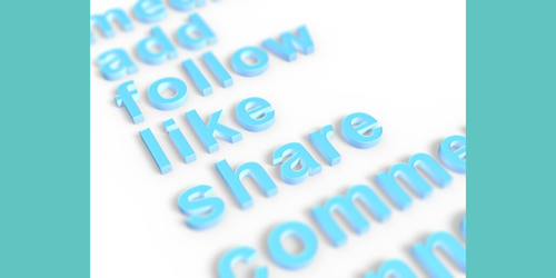 Words ' like' 'follow' and 'share' in blue bold writing against a white background.