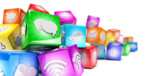 3D blocks in multi colours with messaging, wifi and various other digital- related signs. 