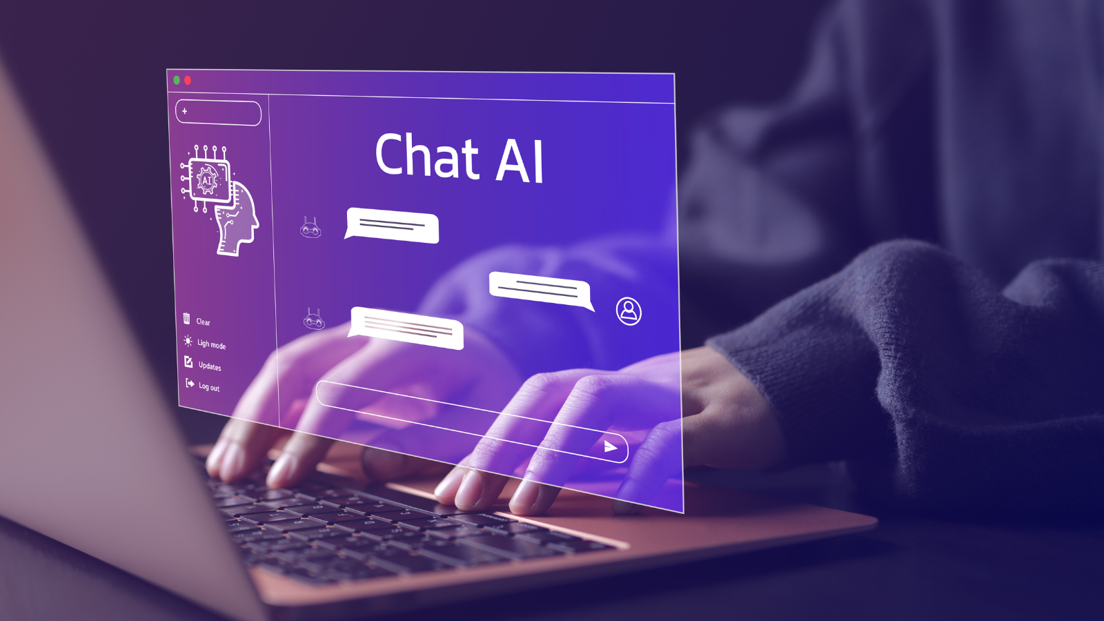 Hand typing on laptop. Above the laptop is a projected screen with the words 'Chat AI'.