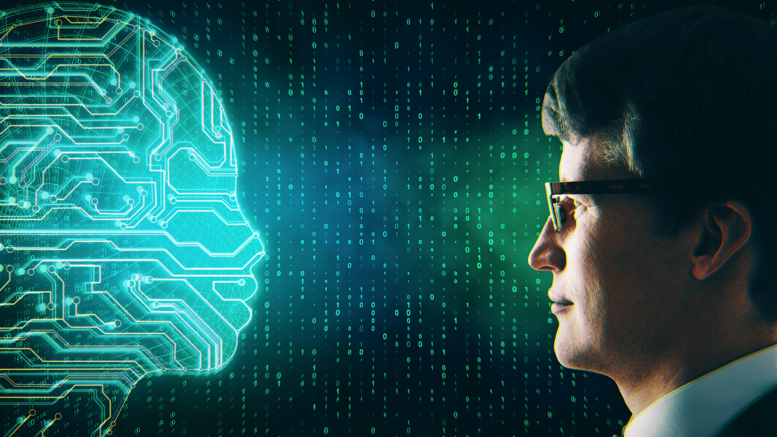 Man facing a 'face' shape made up of digital elements.