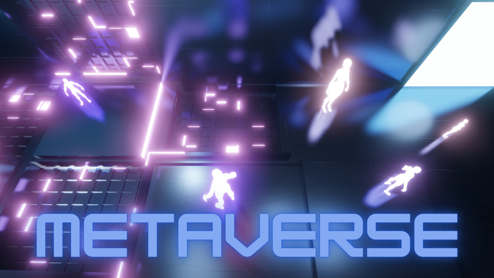 Digital blocks with neon people figures. Words say 'Metaverse' 