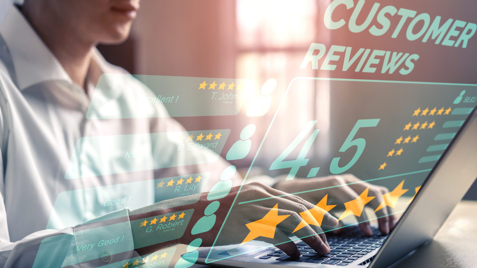 Customer review with star rating on a screen. Picture shows a person typing on a laptop.