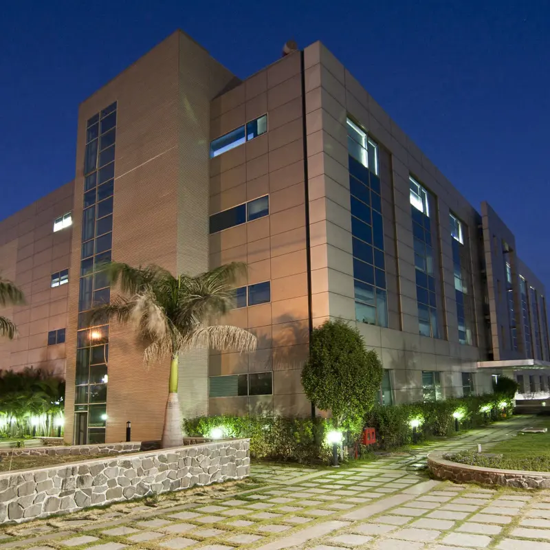 Exterior of building surrounded by greenery that is lit up by night lights due to the lack of sunlight.